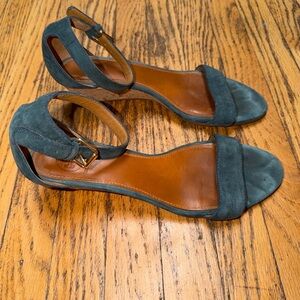 Tory Burch Blue Suede Cork Wedge Sandals With Ankle Buckle Sz Womens 8.5 M